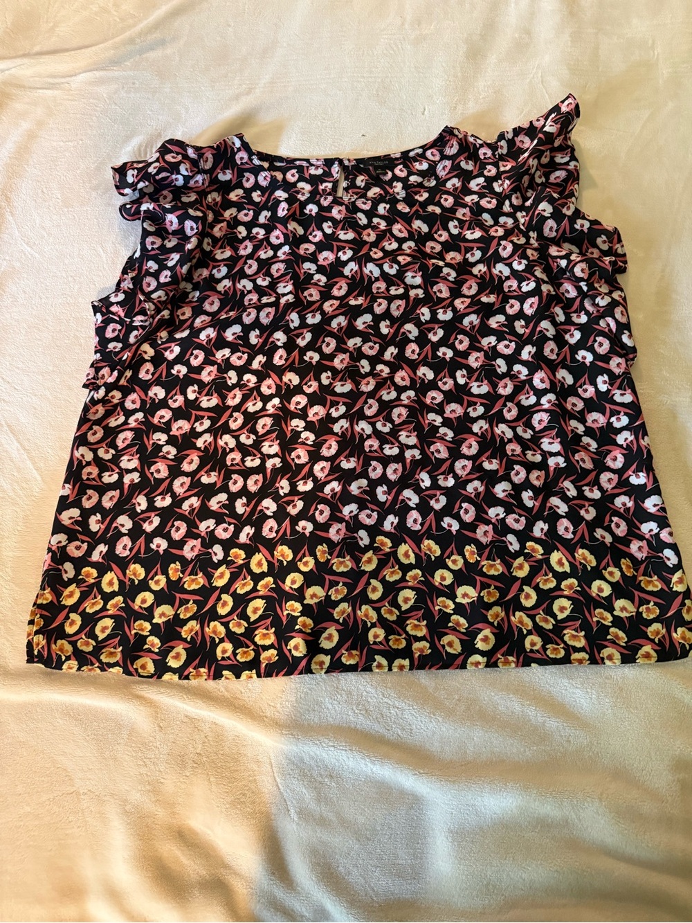 Ann Taylor Women’s XL Black Floral Ruffle Sleeve Top - Pink & Yellow Flowers